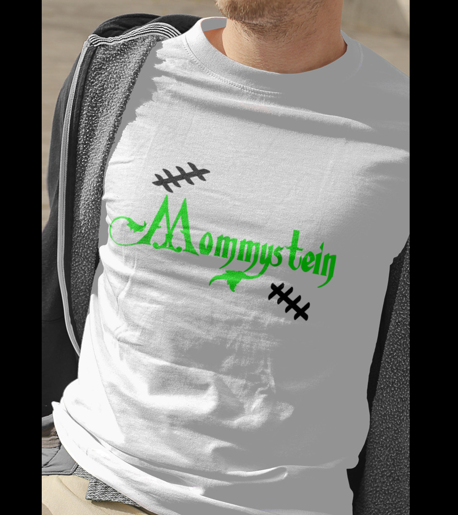 Mommystein Frankenstein Inspired Green And Black Stitched Text T-Shirt