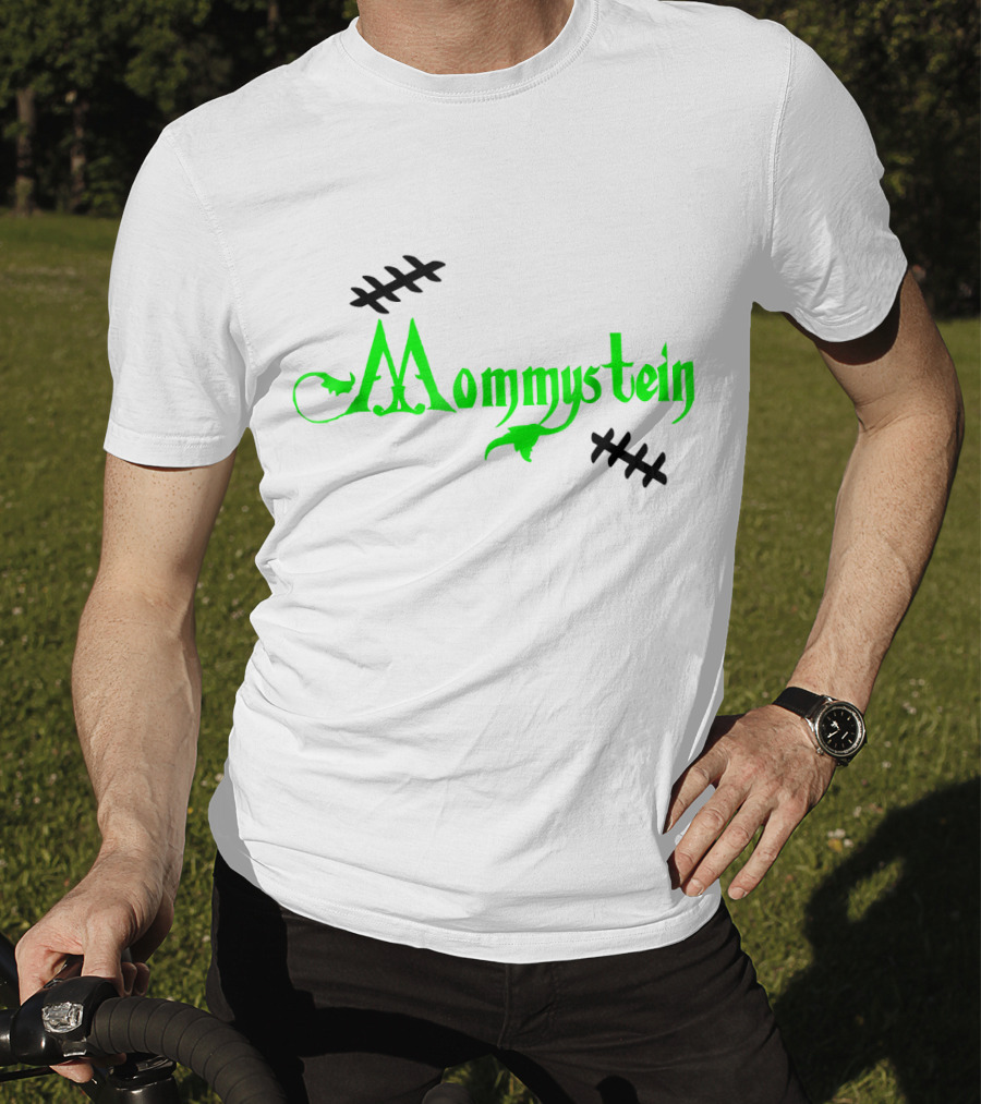 Mommystein Frankenstein Inspired Green And Black Stitched Text T-Shirt