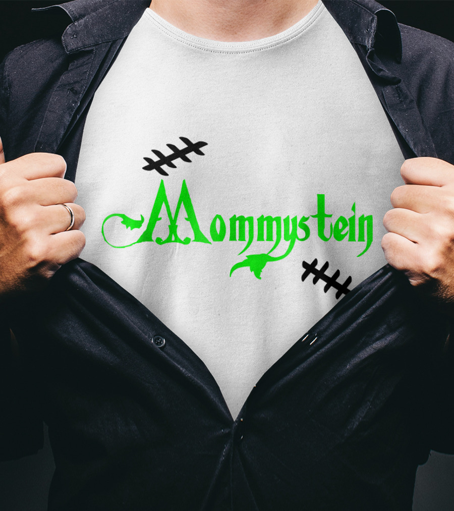 Mommystein Frankenstein Inspired Green And Black Stitched Text T-Shirt