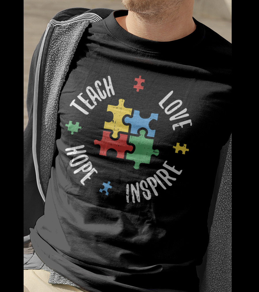 Teach Love Hope Inspire Autism Teacher Special Ed Puzzle Pieces T-Shirt