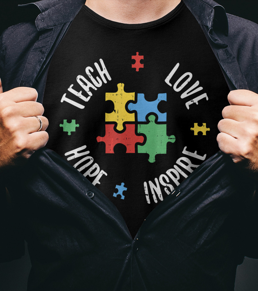 Teach Love Hope Inspire Autism Teacher Special Ed Puzzle Pieces T-Shirt