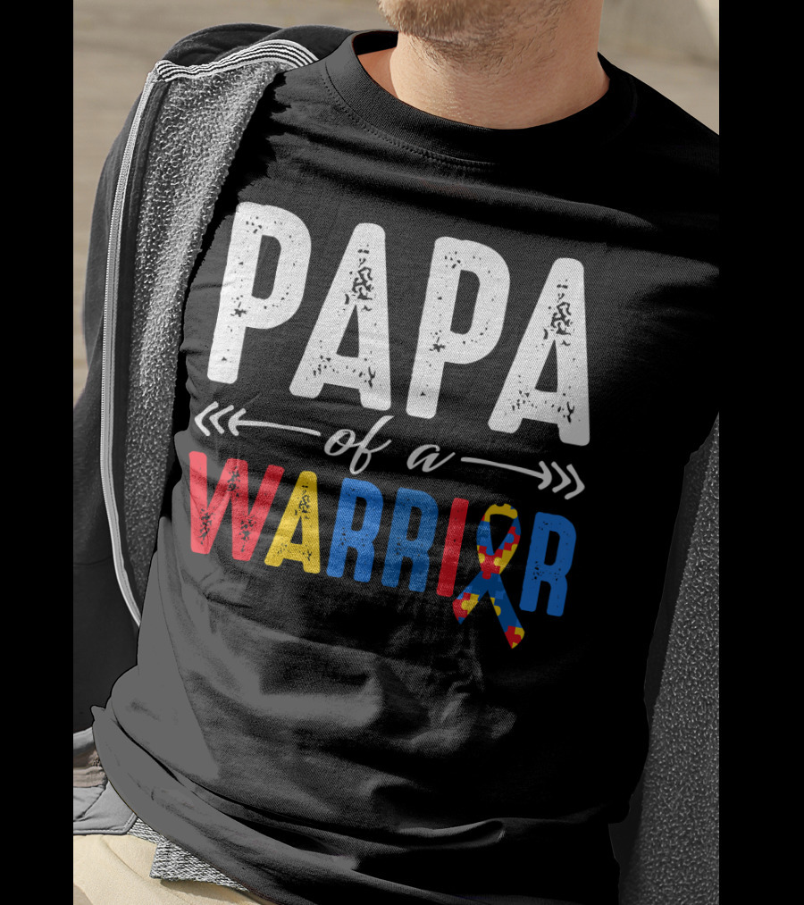 Papa Of A Warrior Autism Awareness Grandpa Colorful Puzzle T-Shirt