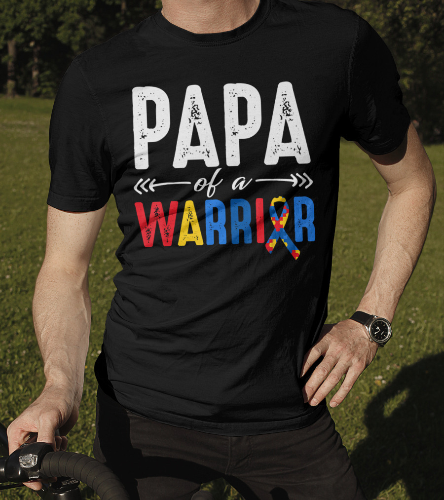 Papa Of A Warrior Autism Awareness Grandpa Colorful Puzzle T-Shirt