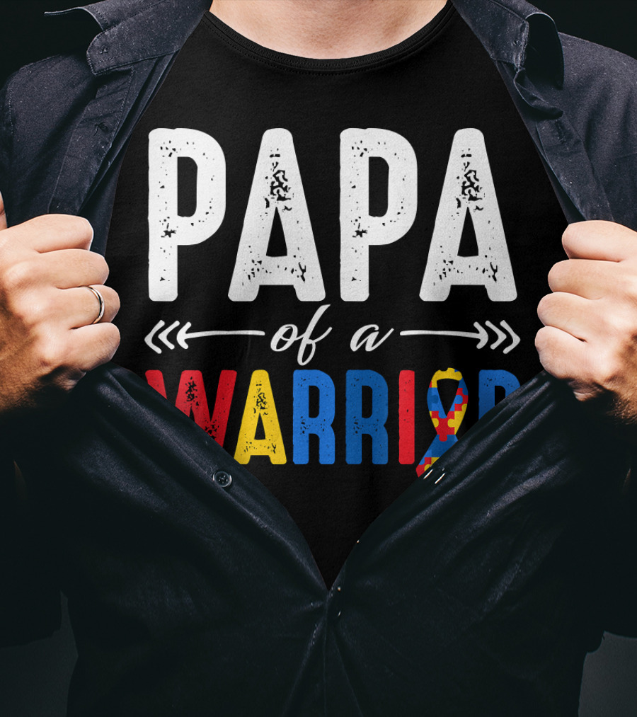 Papa Of A Warrior Autism Awareness Grandpa Colorful Puzzle T-Shirt