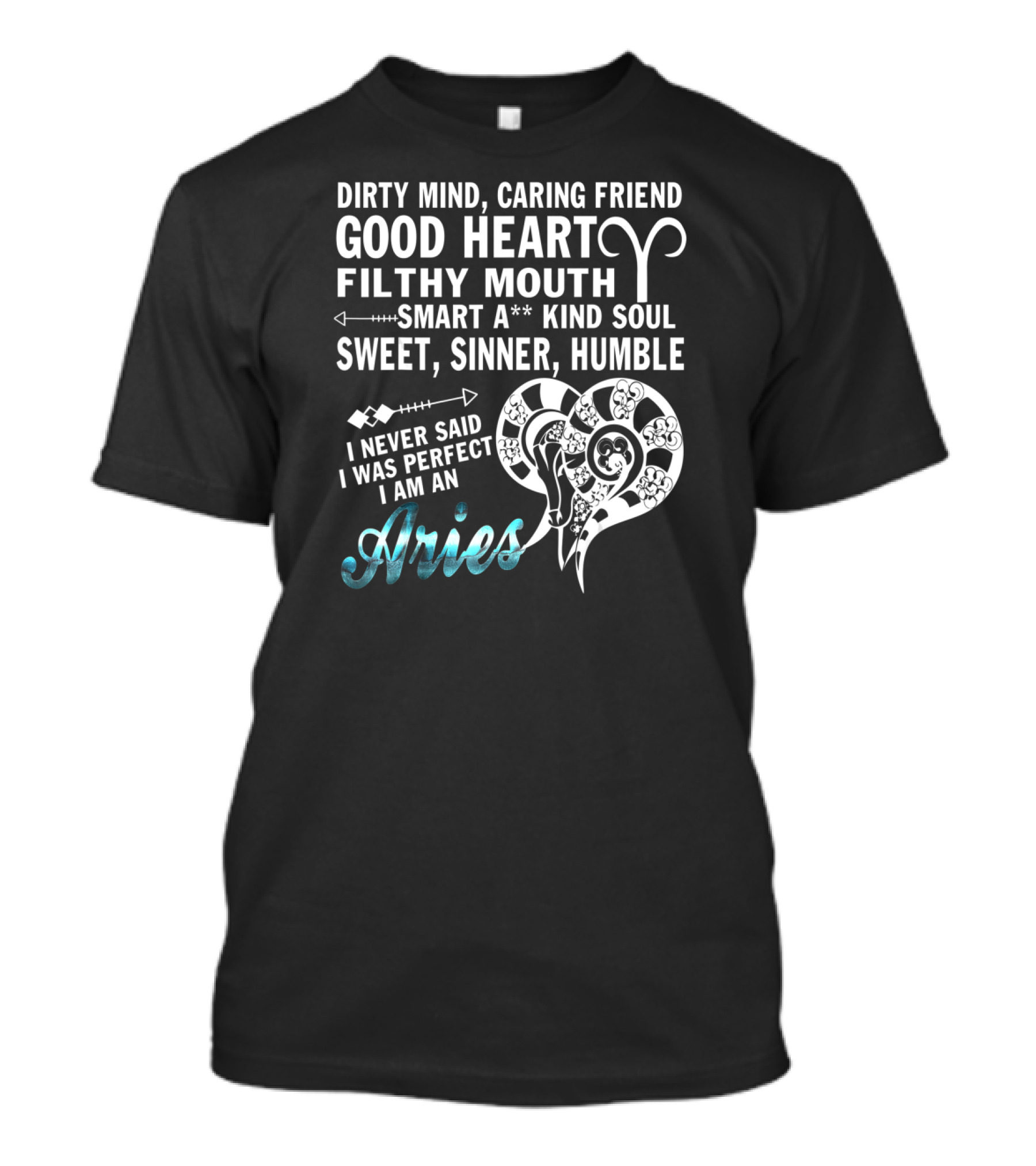 Dirty Mind Caring Friend Good Heart Filthy Mouth Smart Kind Soul Sweet Sinner Humble I Never Said I Was Perfect I Am An Aries T-Shirt