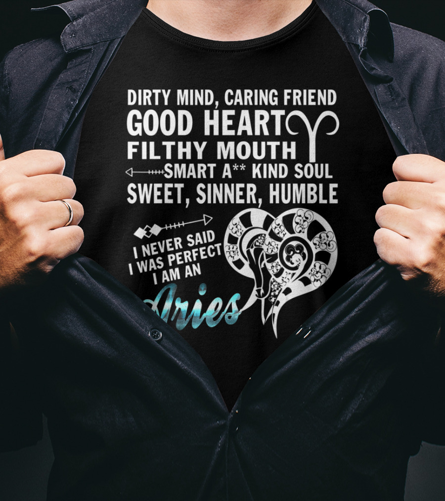 Dirty Mind Caring Friend Good Heart Filthy Mouth Smart Kind Soul Sweet Sinner Humble I Never Said I Was Perfect I Am An Aries T-Shirt
