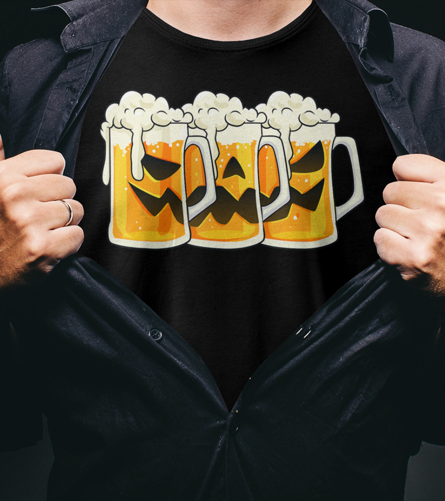 Halloween Jack O Lantern Beer Mug Faces T-Shirt