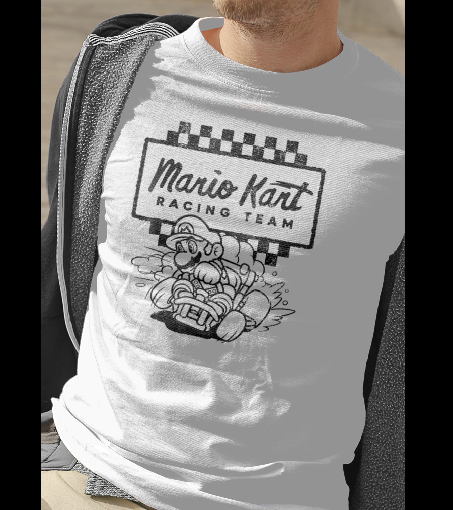 Mario Kart Racing Team Outlined Mario Drift Checkered Flag T-Shirt