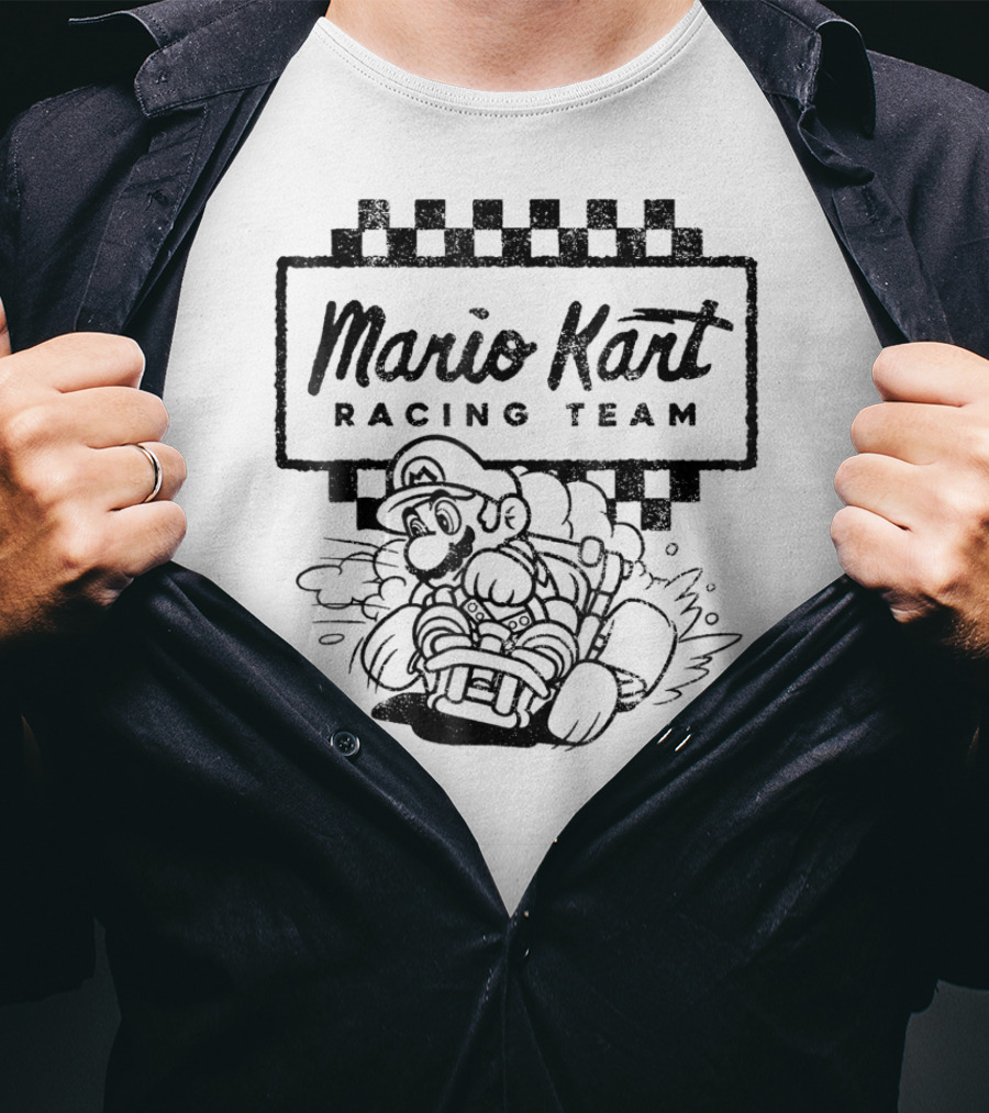 Mario Kart Racing Team Outlined Mario Drift Checkered Flag T-Shirt