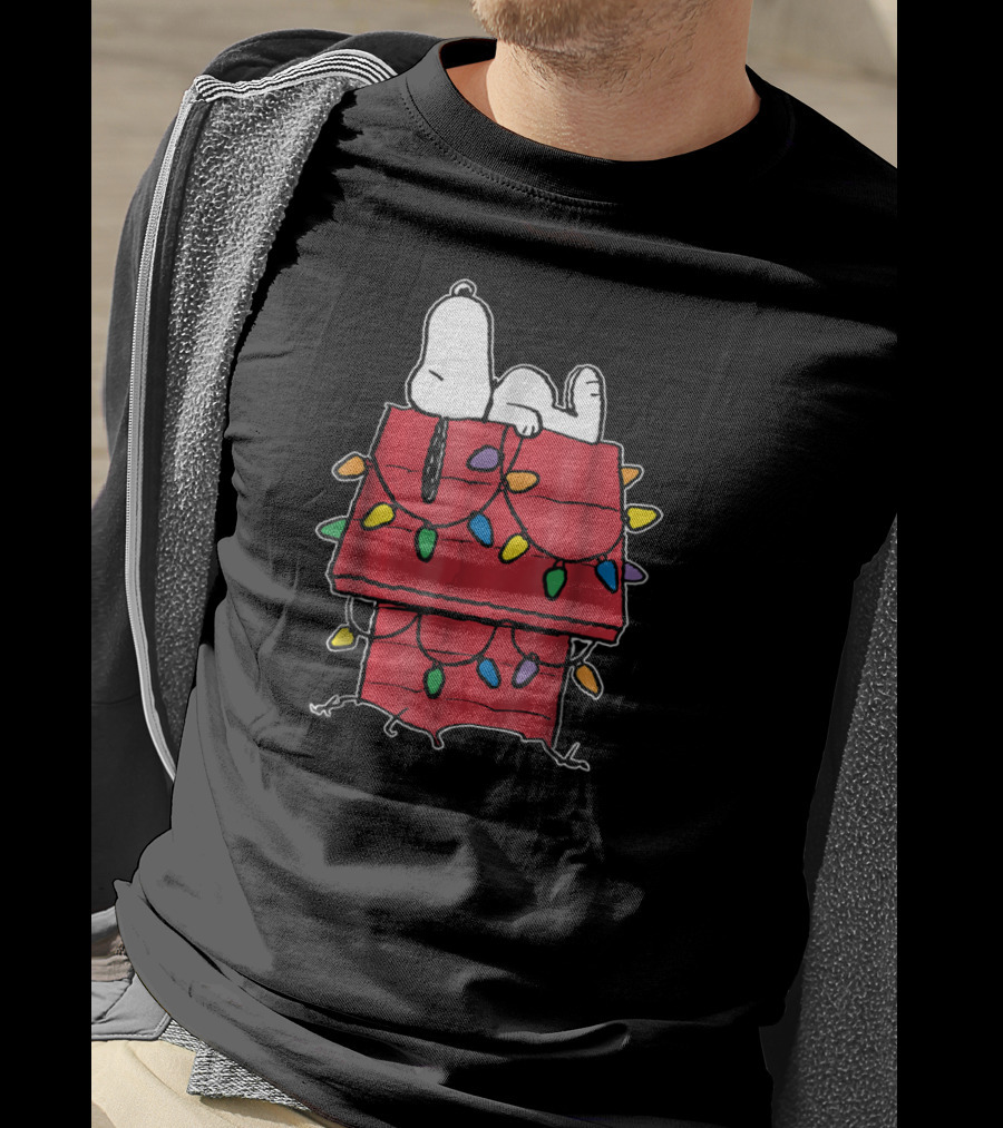 Snoopy Sleeping On Doghouse With Christmas Lights Peanuts Holiday Novelty T-Shirt