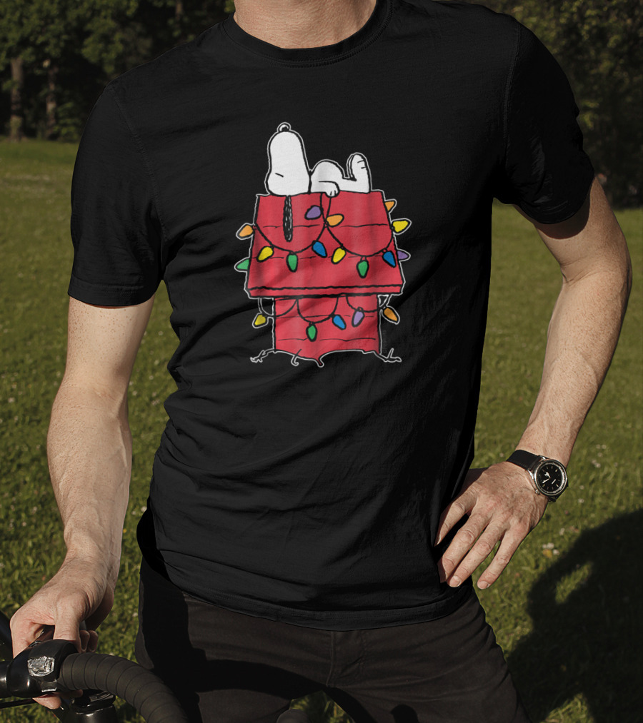 Snoopy Sleeping On Doghouse With Christmas Lights Peanuts Holiday Novelty T-Shirt