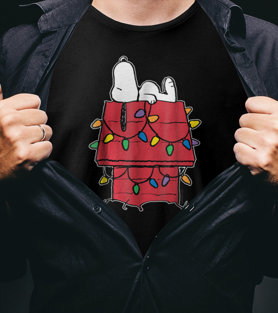 Snoopy Sleeping On Doghouse With Christmas Lights Peanuts Holiday Novelty T-Shirt