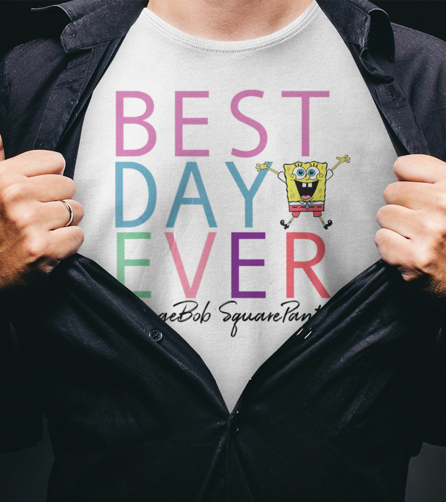 SpongeBob SquarePants Best Day Ever Colorful Text And Character Jumping T-Shirt