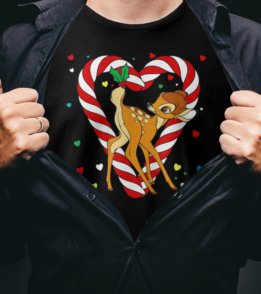 Disney Bambi Candy Cane Heart With Colorful Hearts T-Shirt