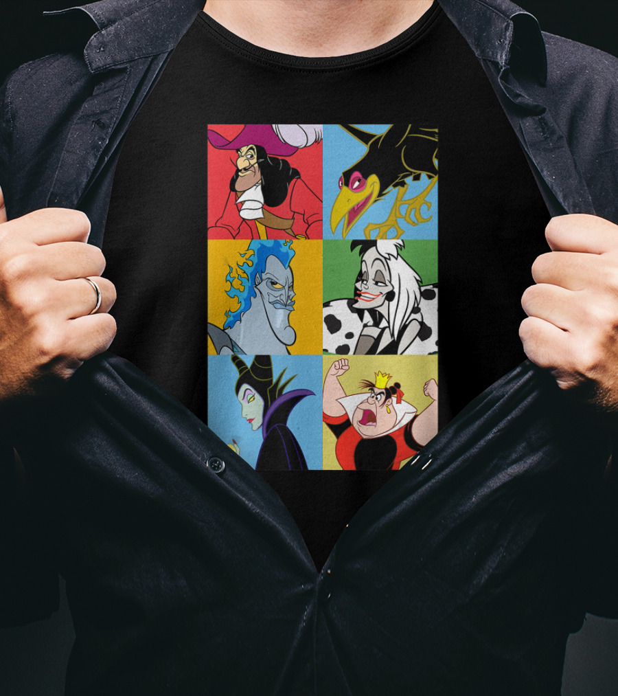 Disney Villains Captain Hook Cruella De Vil Maleficent Hades Queen Of Hearts Diablo Crow T-Shirt