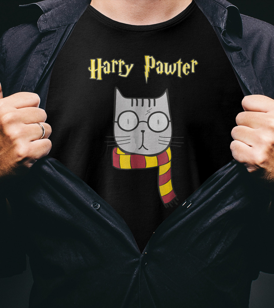 Harry Pawter Magic Cat With Glasses And Gryffindor Scarf T-Shirt