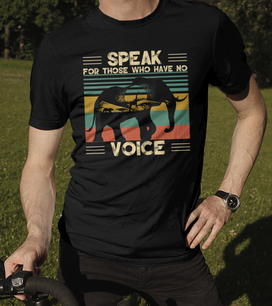 Speak For Those Who Have No Voice Elephant With Striped Sunset Background T-Shirt
