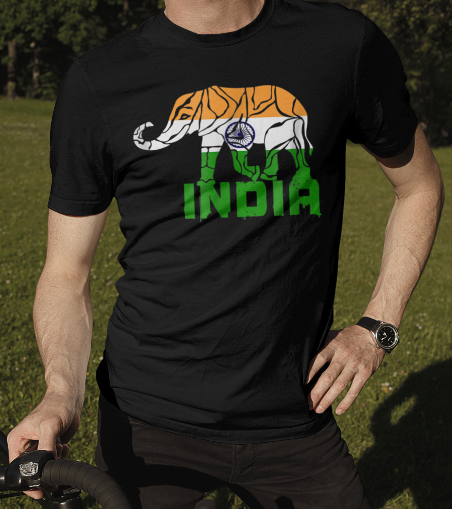 India Elephant With National Flag Colors And India Text T-Shirt