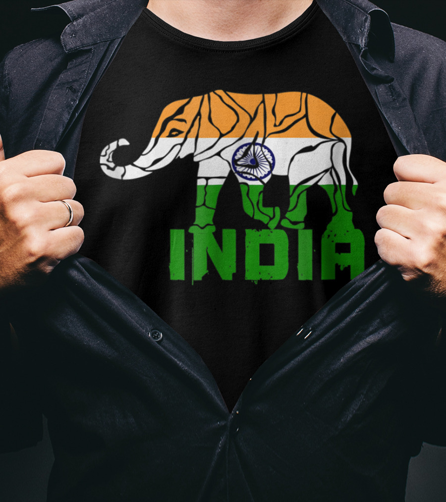 India Elephant With National Flag Colors And India Text T-Shirt