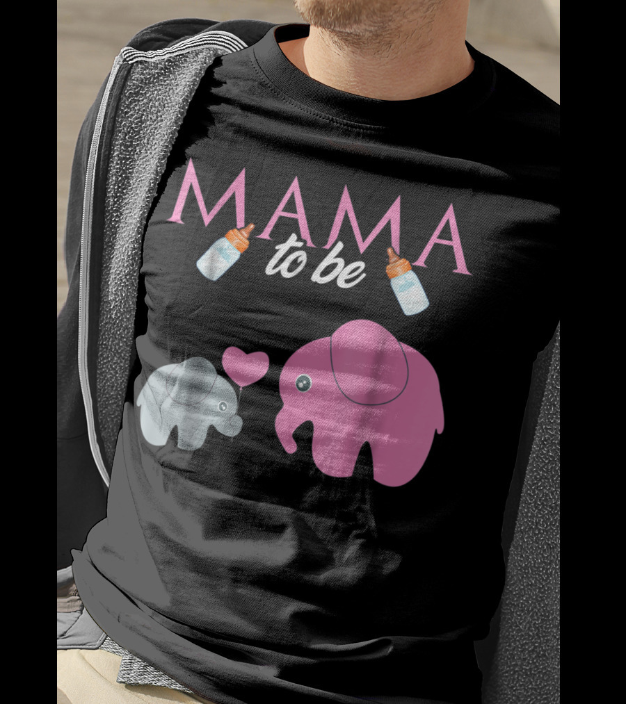 Mama To Be Pink Elephant Baby Shower With Milk Bottles And Heart Balloon T-Shirt