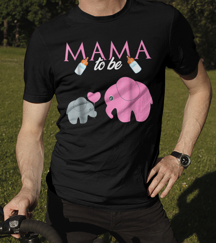 Mama To Be Pink Elephant Baby Shower With Milk Bottles And Heart Balloon T-Shirt