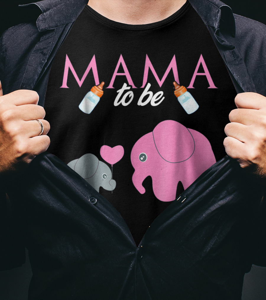 Mama To Be Pink Elephant Baby Shower With Milk Bottles And Heart Balloon T-Shirt