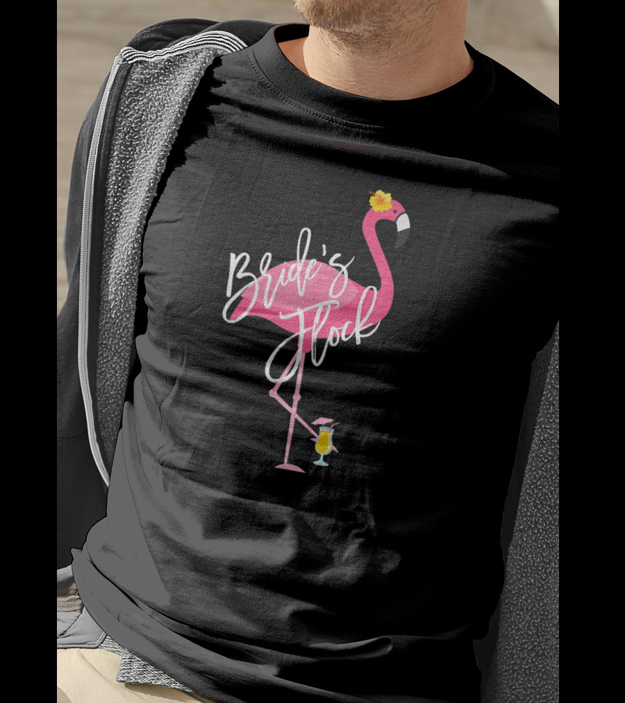 Bride's Flock Flamingo With Tropical Drink Bachelorette Party T-Shirt