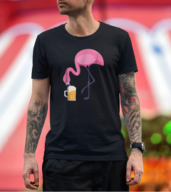 Premium T-Shirt: Flamingo Drinking Beer Concept with Pink Bird and Pint Glass T-Shirt Flamingo Drinking Beer Concept with Pink Bird and Pint Glass T-Shirt