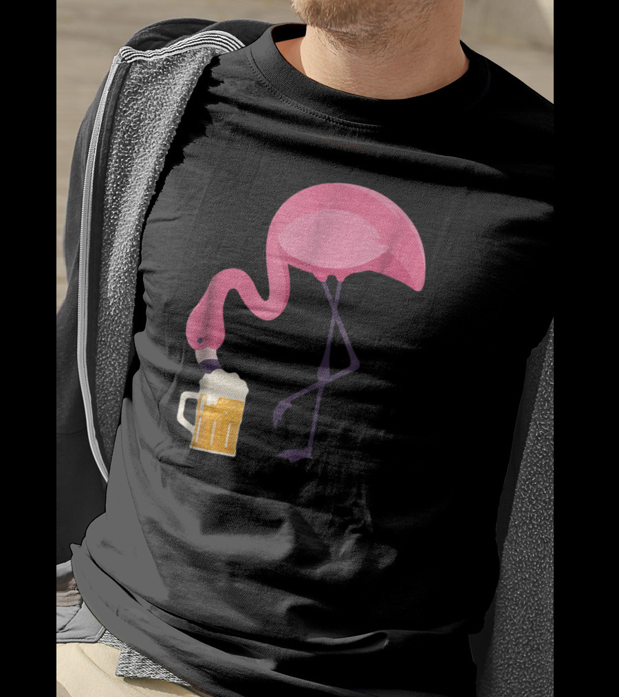 Flamingo Drinking Beer Concept With Pink Bird And Pint Glass T-Shirt