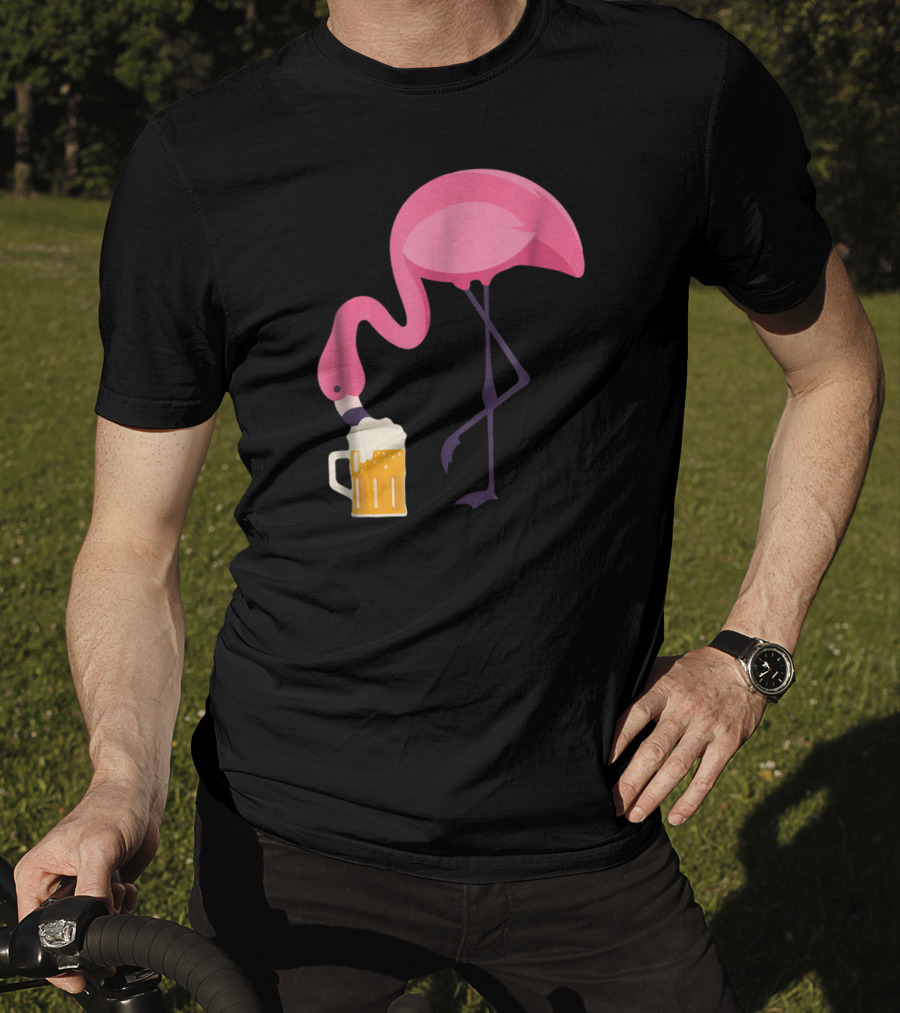 Flamingo Drinking Beer Concept With Pink Bird And Pint Glass T-Shirt