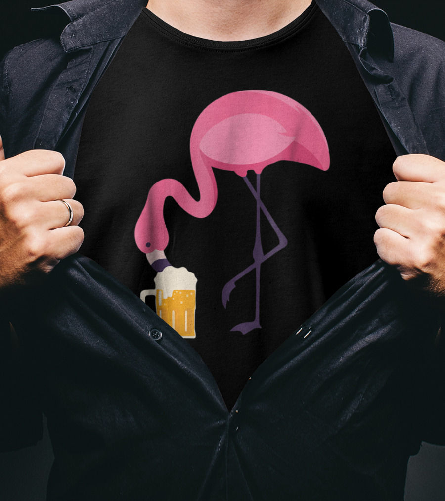 Flamingo Drinking Beer Concept With Pink Bird And Pint Glass T-Shirt