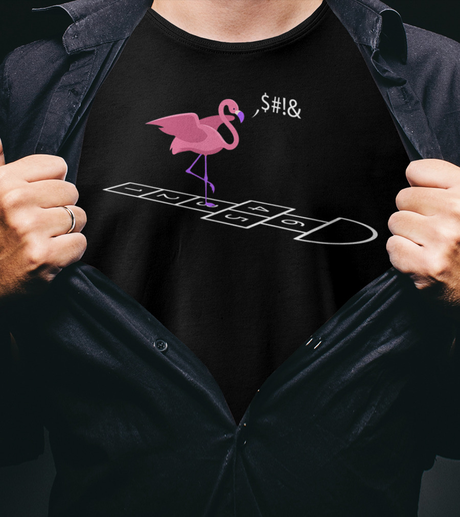 Funny Flamingo Frustrated At Hopscotch Game On Beach Vacation T-Shirt
