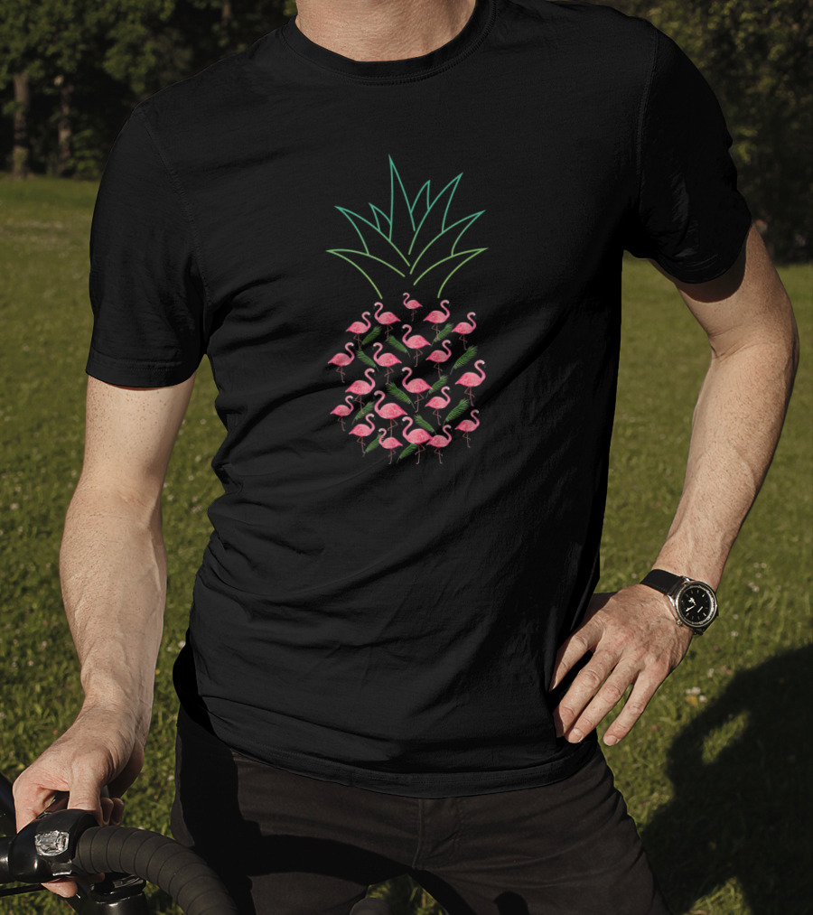 Pineapple Flamingo Pattern With Pink Flamingos And Green Leaves T-Shirt