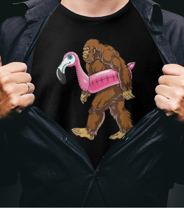 Pool Party Bigfoot Pink Flamingo Sasquatch Float T-Shirt