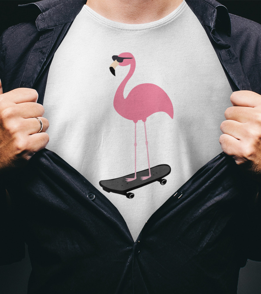 Cool Pink Flamingo Skateboard Sunglasses Bird Pun T-Shirt