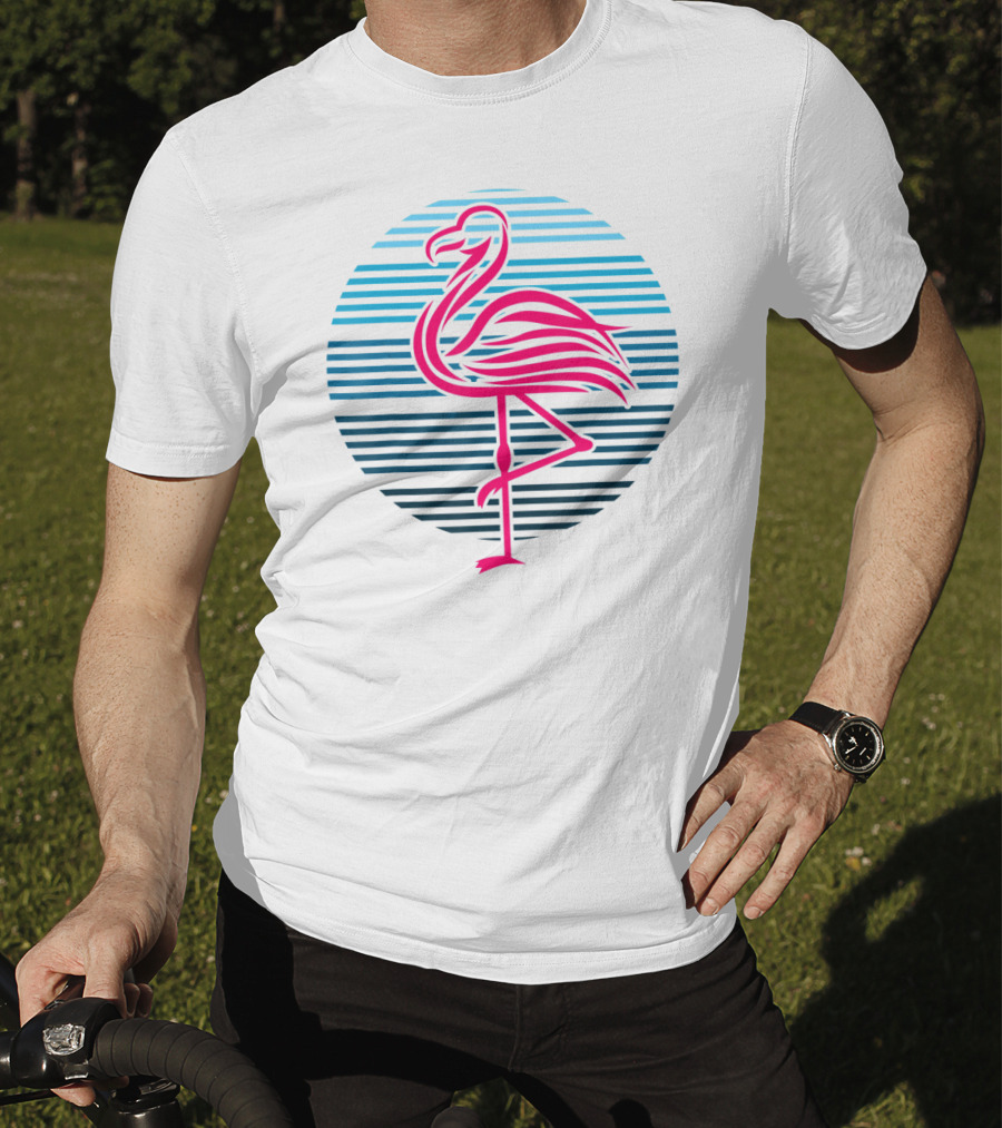 Flamingo Bird 80s Party Retro Stripes Birthday T-Shirt