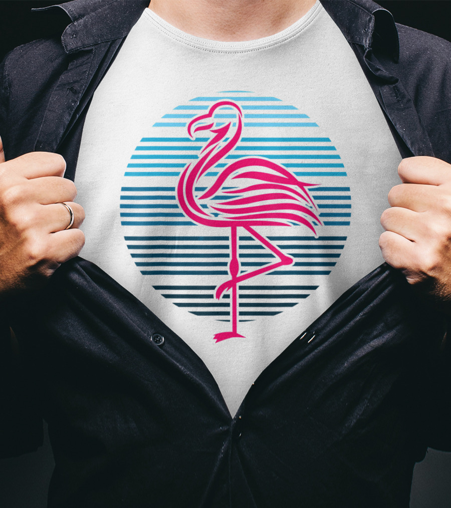 Flamingo Bird 80s Party Retro Stripes Birthday T-Shirt