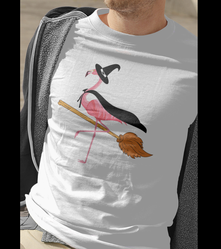 Funny Flamingo Witch Riding Broomstick T-Shirt