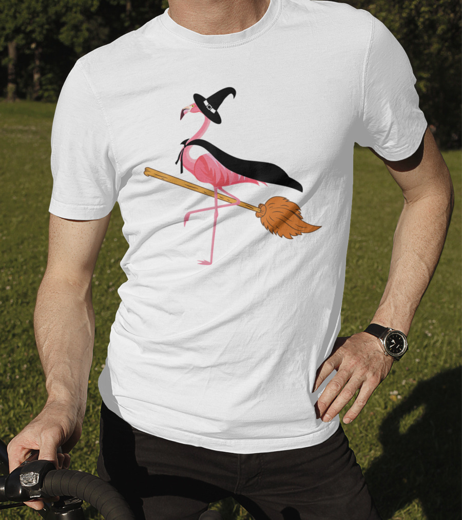 Funny Flamingo Witch Riding Broomstick T-Shirt