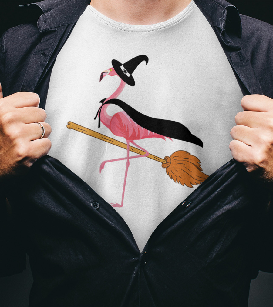 Funny Flamingo Witch Riding Broomstick T-Shirt