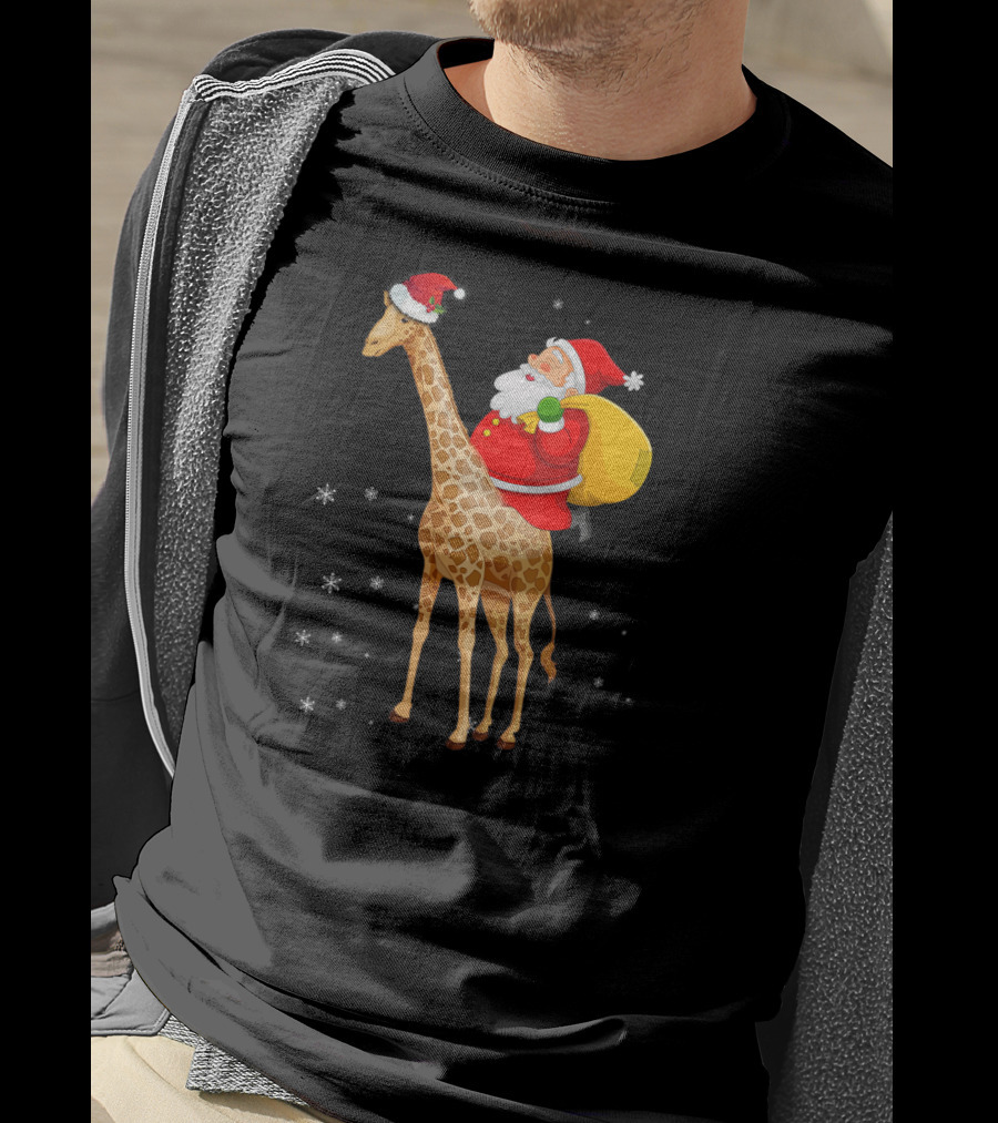 Santa Claus Riding A Giraffe With Snowflakes T-Shirt