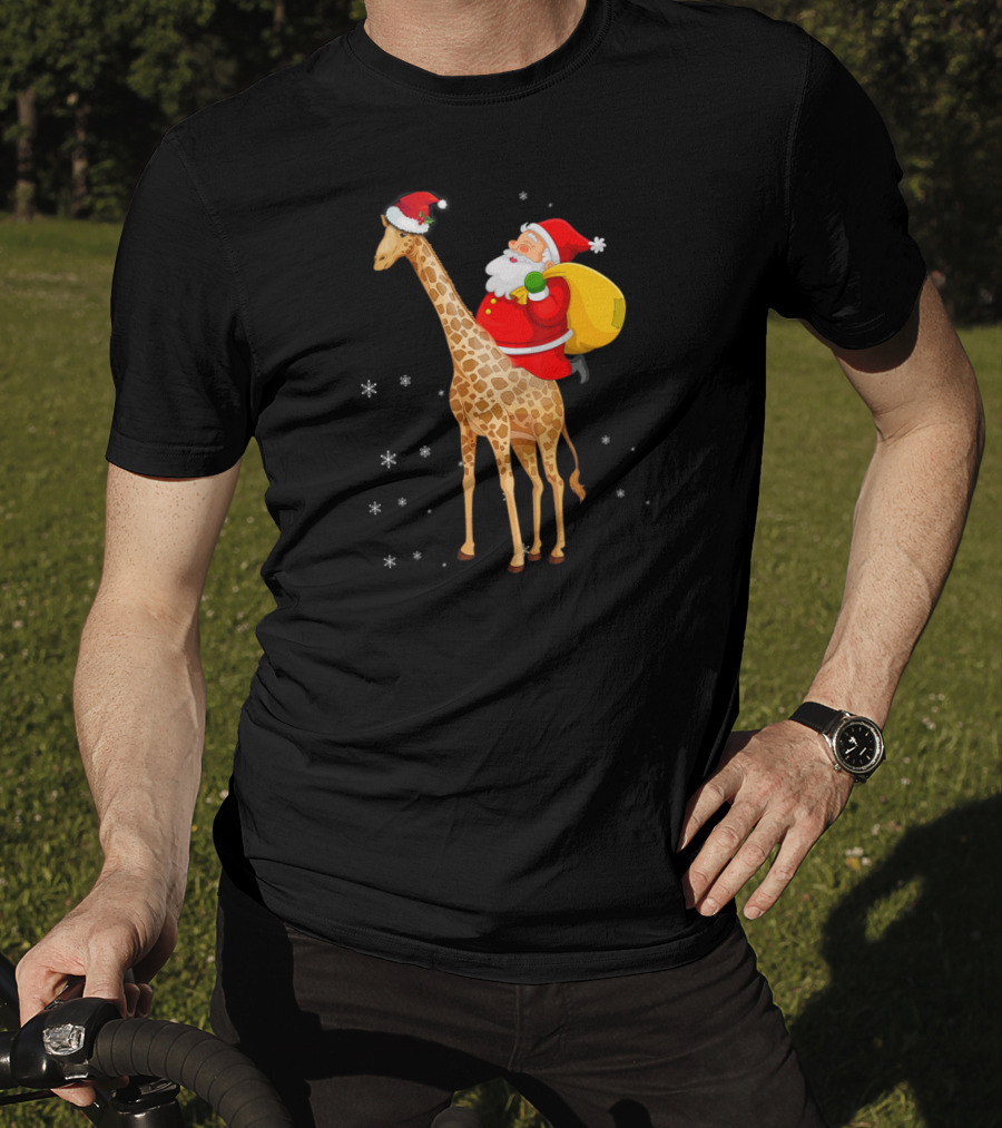 Santa Claus Riding A Giraffe With Snowflakes T-Shirt