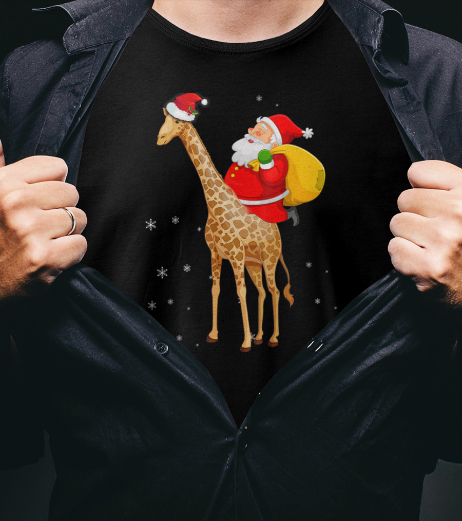 Santa Claus Riding A Giraffe With Snowflakes T-Shirt
