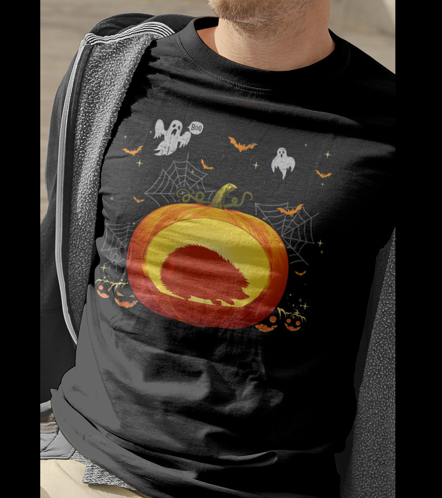 Hedgehog Silhouette In Halloween Pumpkin With Ghosts And Spiderwebs T-Shirt