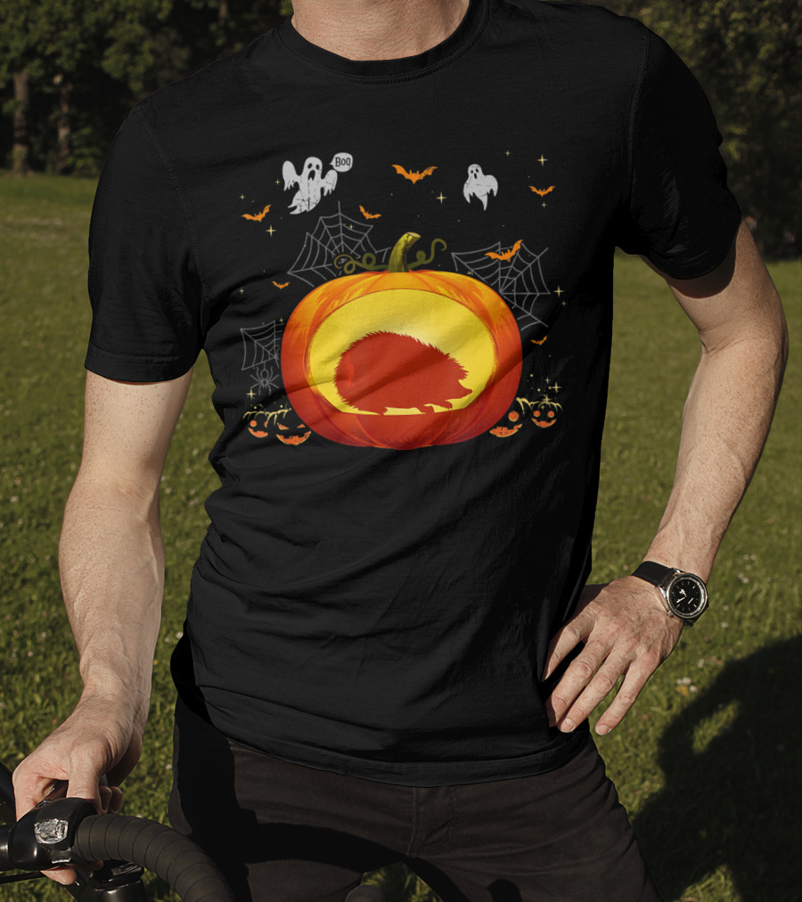 Hedgehog Silhouette In Halloween Pumpkin With Ghosts And Spiderwebs T-Shirt