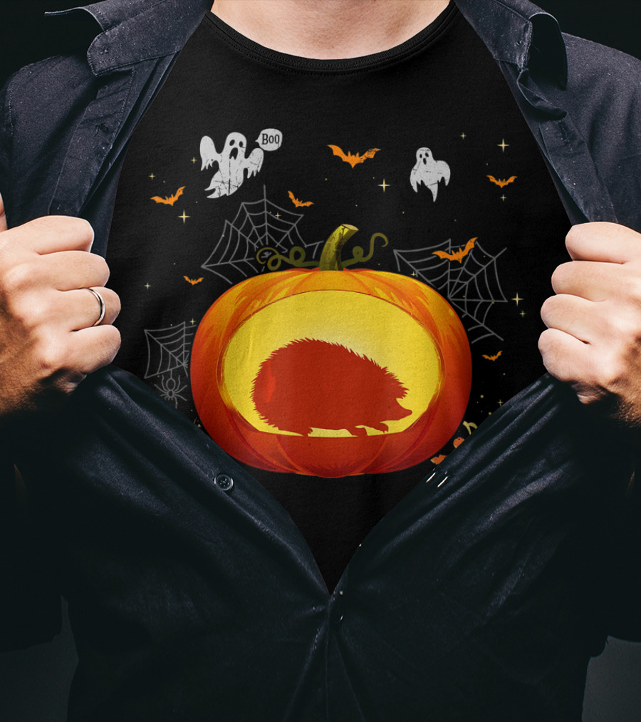 Hedgehog Silhouette In Halloween Pumpkin With Ghosts And Spiderwebs T-Shirt