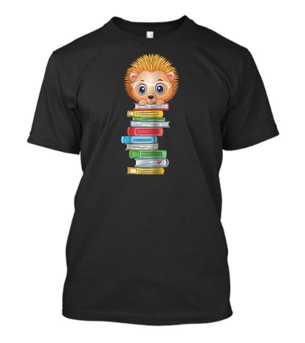 Hedgehog Book Lover With Glasses Hugging Colorful Book Stack T-Shirt