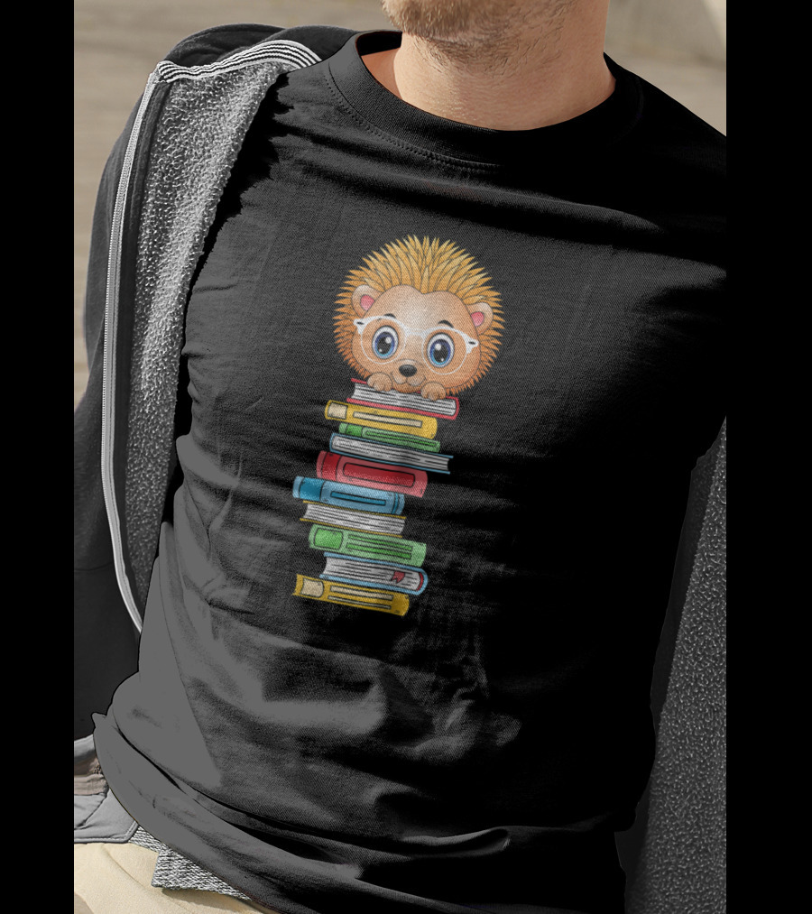 Hedgehog Book Lover With Glasses Hugging Colorful Book Stack T-Shirt