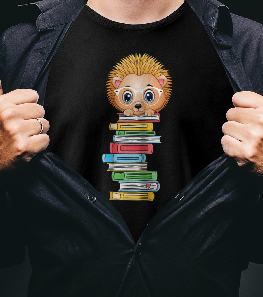 Hedgehog Book Lover With Glasses Hugging Colorful Book Stack T-Shirt