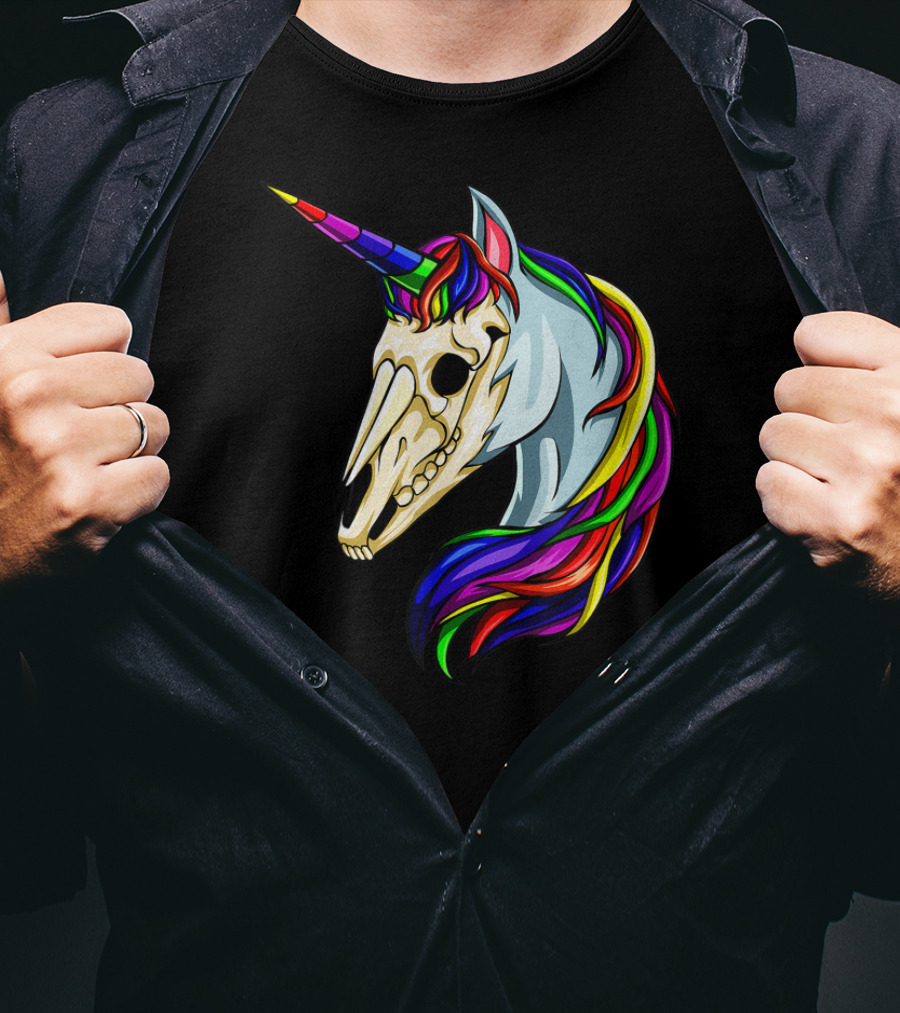 Halloween Unicorn Skeleton Horse Rainbow Head With Colorful Mane T-Shirt